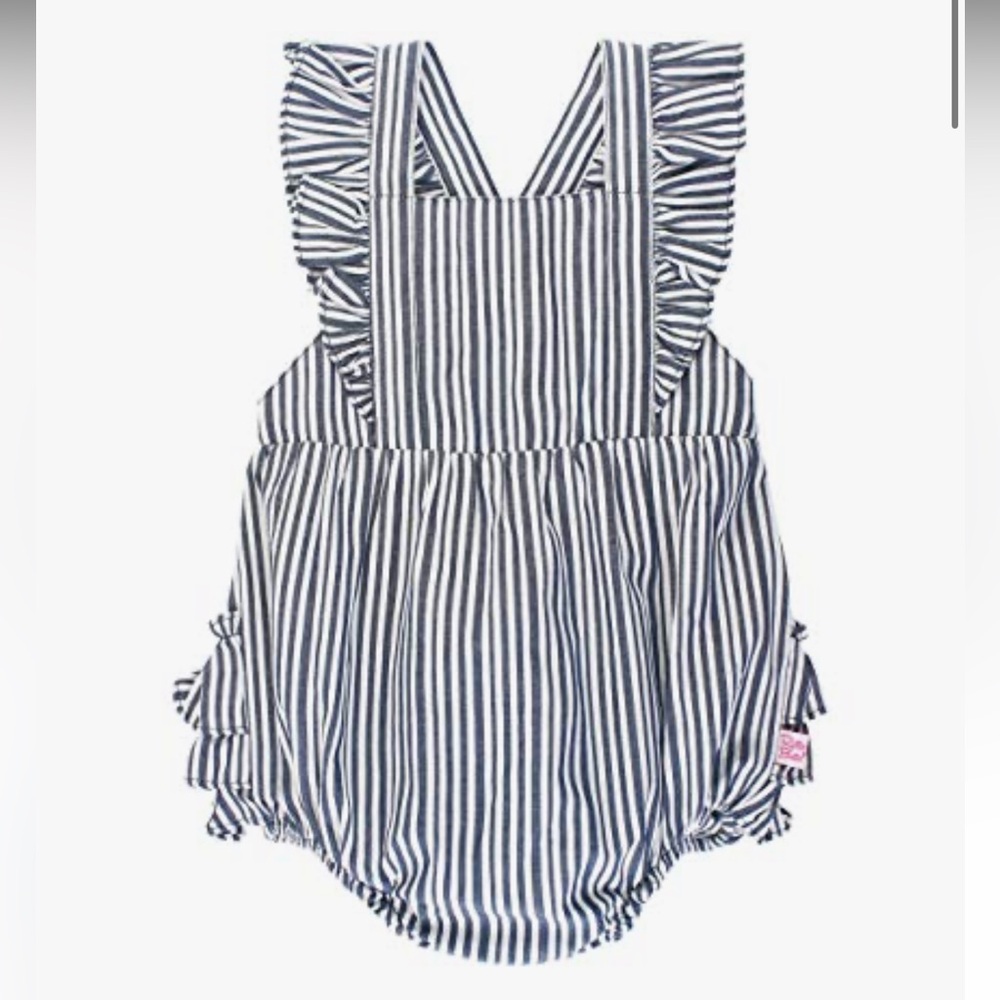 RuffleButts Navy and White Striped Bubble with “ASR” monogram in red